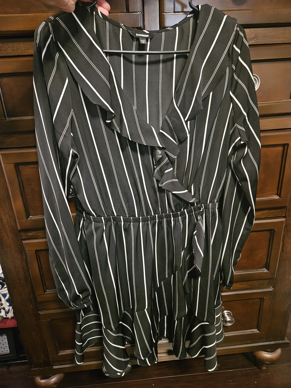 Express Black & White Striped Ruffle Wrap Dress
